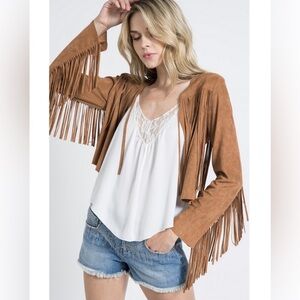 Vocal Faux Suede Fringe‎ Open Front Jacket – Size Small